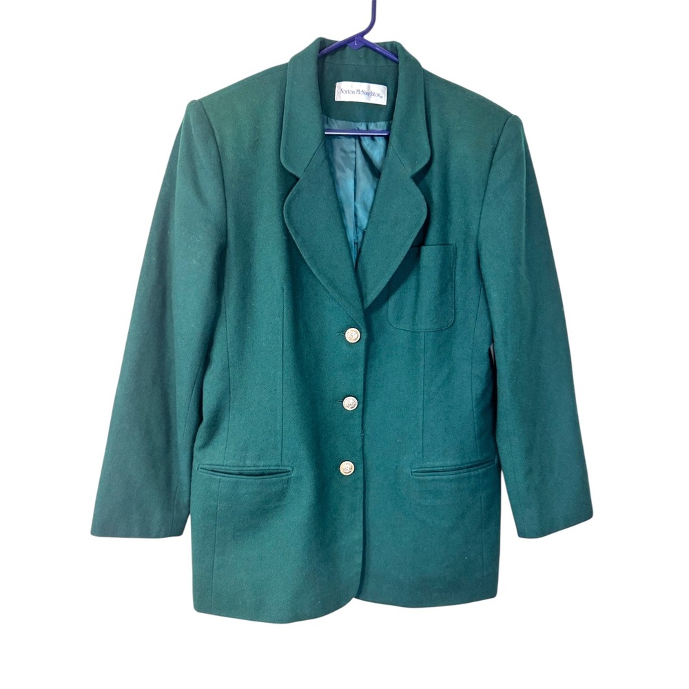 Norton McNaughton Vintage Green Wool Blend Long Tall Buttons Blazer Jacket 10